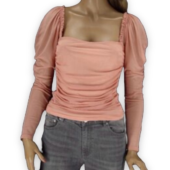 Missguided Pink Mesh Ruched Puff Sleeve Top Size 4 - Picture 6 of 6